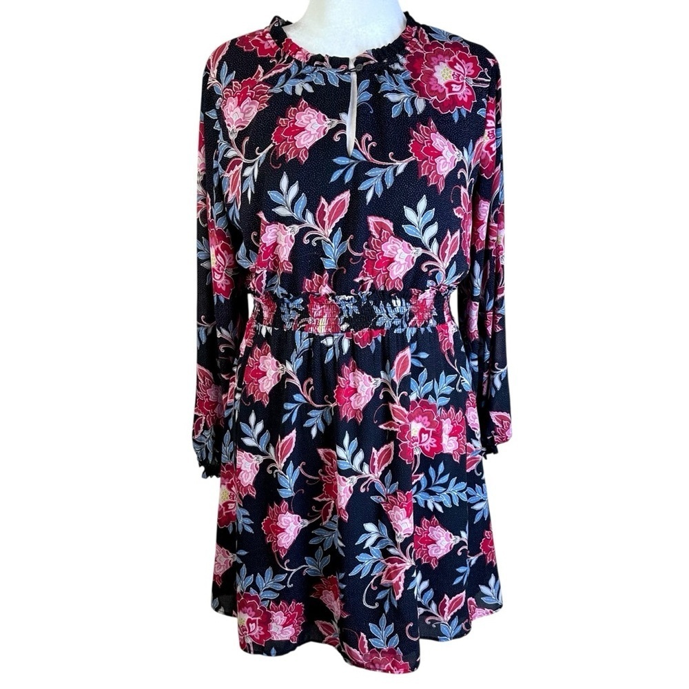 LOFT Black Floral Long-Sleeve Smocked-Waist Dress Size 12
